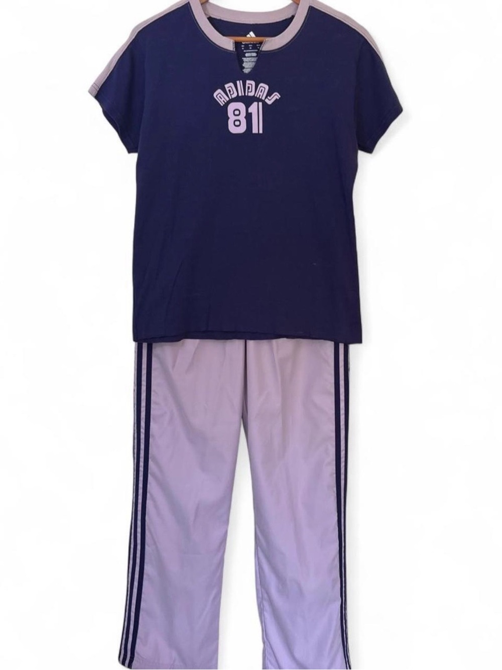 Vintage Y2K Adidas 81 Two-Piece Purple Tracksuit Set Pastel Tee 3-Stripe Pants M